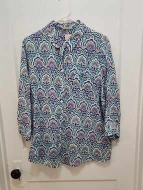 Chico's Peacock Patterned No Iron 100% Linen Blouse Size 3 (US XL)